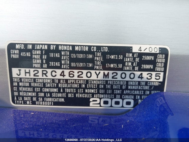 2000 Honda Vfr800 Fi მანქანა იყიდება აუქციონზე, vin: JH2RC4620YM200435, აუქციონის ნომერი: 12666068