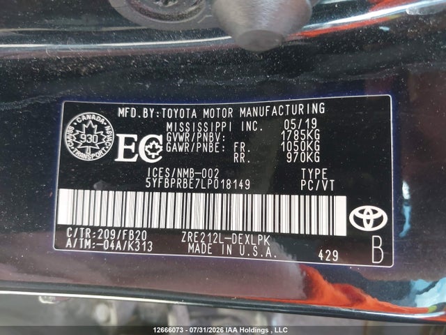 12666073 :رقم المزاد ، 5YFBPRBE7LP018149 vin ، 2020 Toyota Corolla L/le/xle مزاد بيع