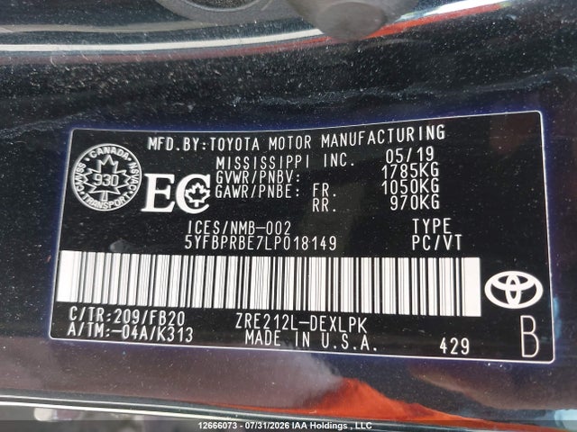 12666073 :رقم المزاد ، 5YFBPRBE7LP018149 vin ، 2020 Toyota Corolla L/le/xle مزاد بيع