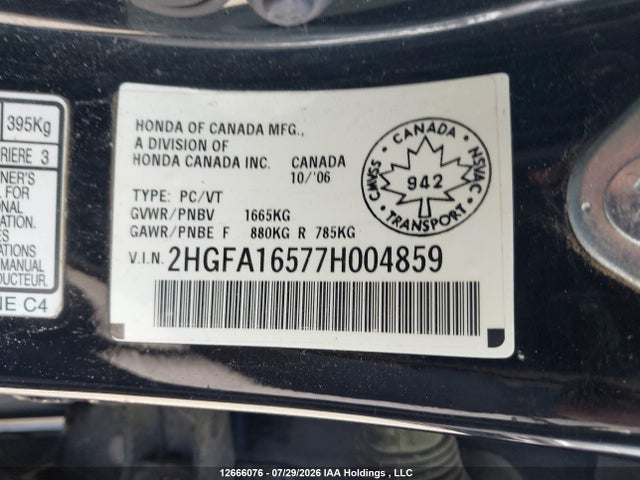 Aukcja sprzedaży 2007 Honda Civic Lx, vin: 2HGFA16577H004859, numer aukcji: 12666076