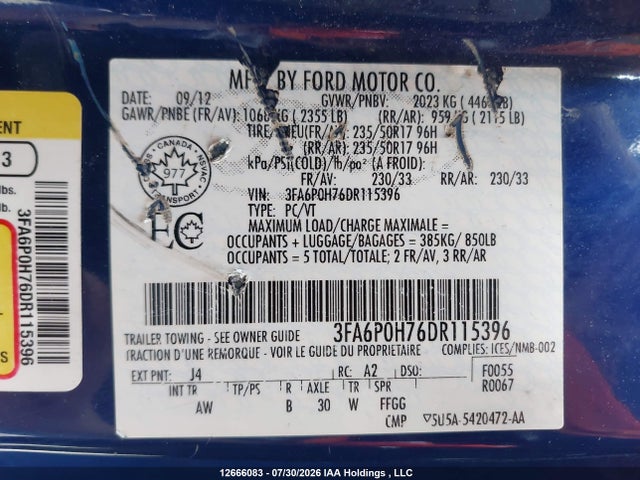 Aukcja sprzedaży 2013 Ford Fusion, vin: 3FA6P0H76DR115396, numer aukcji: 12666083