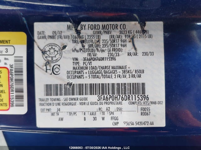 Aukcja sprzedaży 2013 Ford Fusion, vin: 3FA6P0H76DR115396, numer aukcji: 12666083