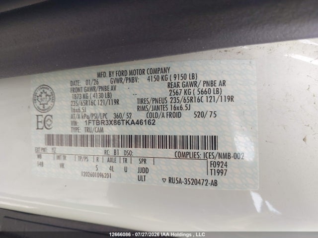 Auction sale of the 2026 Ford Transit T-250, vin: 1FTBR3X86TKA46162, lot number: 12666086
