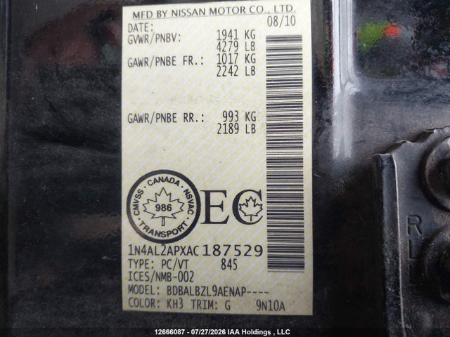 12666087 :رقم المزاد ، 1N4AL2APXAC187529 vin ، 2010 Nissan Altima 2.5 S مزاد بيع