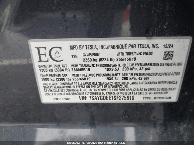 2025 Tesla Model Y მანქანა იყიდება აუქციონზე, vin: 7SAYGDEE1SF275619, აუქციონის ნომერი: 12666093