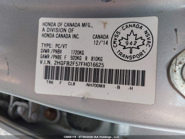 Продаж на аукціоні авто 2015 Honda Civic, vin: 2HGFB2F57FH016625, номер лоту: 12666119