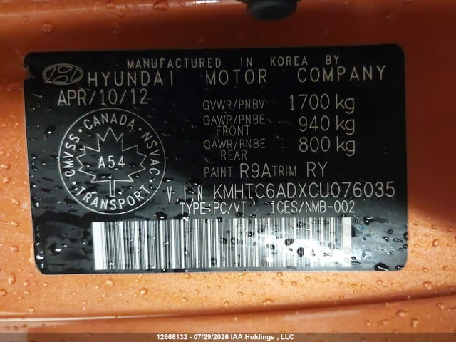 12666132 :رقم المزاد ، KMHTC6ADXCU076035 vin ، 2012 Hyundai Veloster مزاد بيع