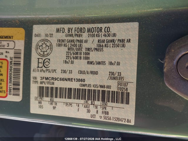 Продажа на аукционе авто 2022 Ford Bronco Sport Outer Banks, vin: 3FMCR9C66NRE13860, номер лота: 12666139