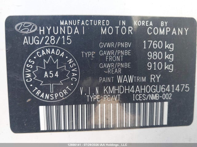 Aukcja sprzedaży 2016 Hyundai Elantra Se/sport/limited, vin: KMHDH4AH0GU641475, numer aukcji: 12666141