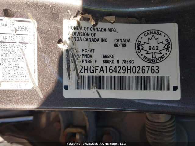 Продаж на аукціоні авто 2009 Honda Civic Dx-g, vin: 2HGFA16429H026763, номер лоту: 12666146