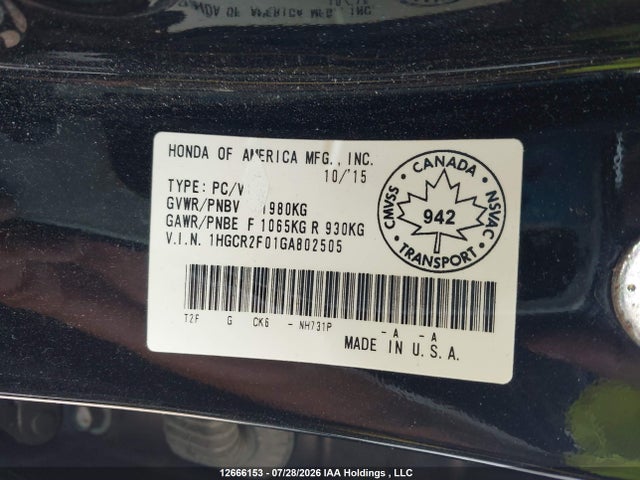1HGCR2F01GA802505 Honda ACCORD EX