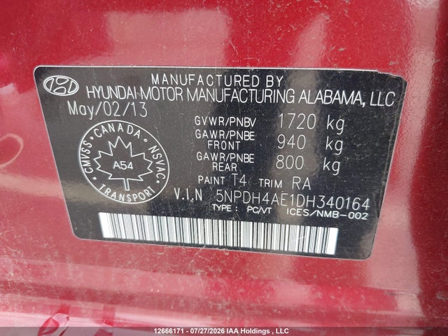 12666171 :رقم المزاد ، 5NPDH4AE1DH340164 vin ، 2013 Hyundai Elantra مزاد بيع
