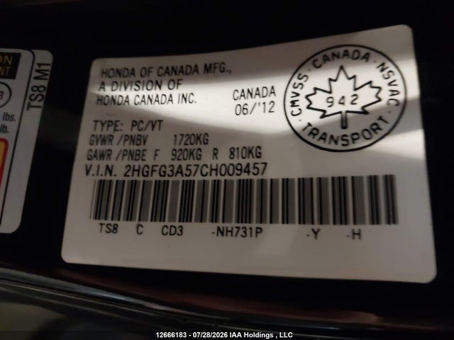 Aukcja sprzedaży 2012 Honda Civic Lx, vin: 2HGFG3A57CH009457, numer aukcji: 12666183
