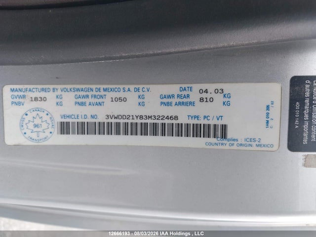 12666193 :رقم المزاد ، 3VWDD21Y83M322468 vin ، 2003 Volkswagen New Beetle Glx مزاد بيع