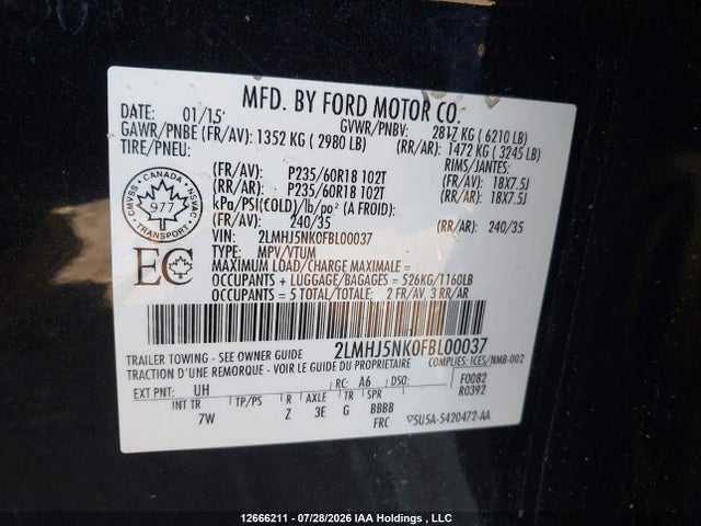 Lincoln MKT 2015 2LMHJ5NK0FBL00037 Image 9