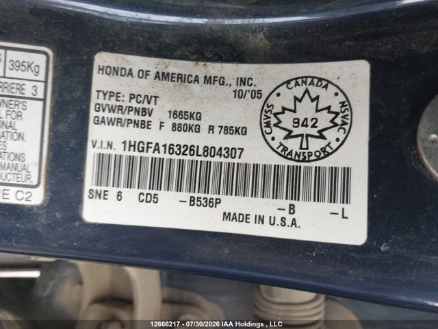 Продажа на аукционе авто 2006 Honda Civic Dx Vp, vin: 1HGFA16326L804307, номер лота: 12666217