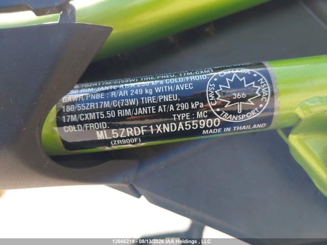 12666219 :رقم المزاد ، ML5ZRDF1XNDA55900 vin ، 2022 Kawasaki Z900 مزاد بيع