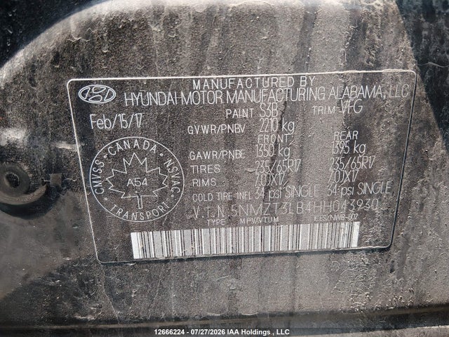 Aukcja sprzedaży 2017 Hyundai Santa Fe Sport 2.4 Base, vin: 5NMZT3LB4HH043930, numer aukcji: 12666224