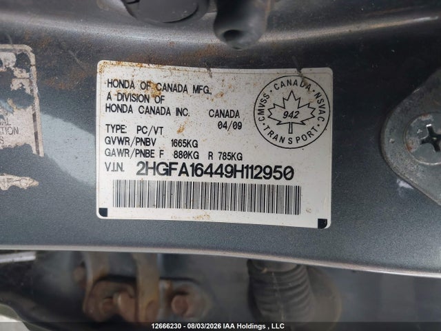 Aukcja sprzedaży 2009 Honda Civic Dx-g, vin: 2HGFA16449H112950, numer aukcji: 12666230