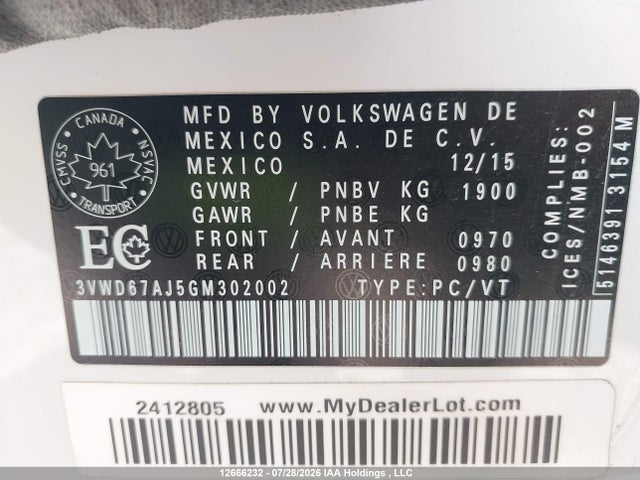 2016 Volkswagen Jetta 1.4 Tsi Comfortline მანქანა იყიდება აუქციონზე, vin: 3VWD67AJ5GM302002, აუქციონის ნომერი: 12666232