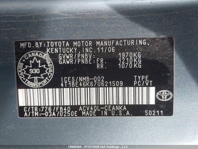 2007 Toyota Camry Ce/le/xle/se მანქანა იყიდება აუქციონზე, vin: 4T1BE46K67U621509, აუქციონის ნომერი: 12666264