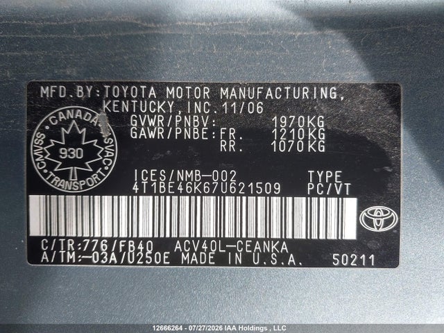 2007 Toyota Camry Ce/le/xle/se მანქანა იყიდება აუქციონზე, vin: 4T1BE46K67U621509, აუქციონის ნომერი: 12666264