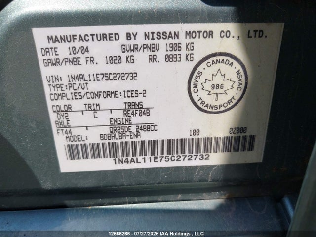 Продаж на аукціоні авто 2005 Nissan Altima S/sl, vin: 1N4AL11E75C272732, номер лоту: 12666266