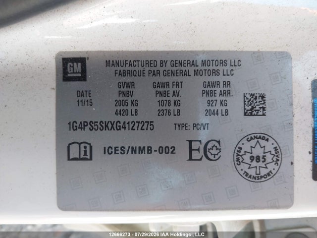 12666273 :رقم المزاد ، 1G4PS5SKXG4127275 vin ، 2016 Buick Verano Leather مزاد بيع
