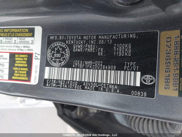 2013 Toyota Camry მანქანა იყიდება აუქციონზე, vin: 4T1BF1FK2DU284909, აუქციონის ნომერი: 12666278