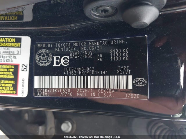 Aukcja sprzedaży 2021 Toyota Camry Xle/se, vin: 4T1B21HK0MU016191, numer aukcji: 12666282