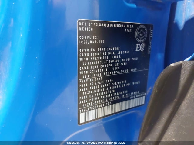 12666285 :رقم المزاد ، 3VVLX7B23NM041227 vin ، 2022 Volkswagen Taos Se Iq Drive/sel مزاد بيع
