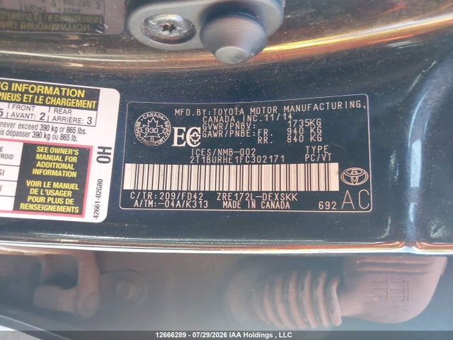 12666289 :رقم المزاد ، 2T1BURHE1FC302171 vin ، 2015 Toyota Corolla L/le/le Pls/prm/s/s Pls مزاد بيع
