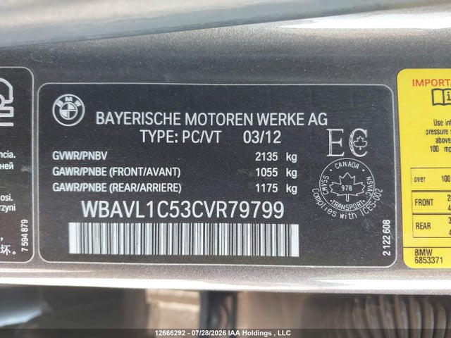 12666292 :رقم المزاد ، WBAVL1C53CVR79799 vin ، 2012 Bmw X1 Xdrive28i مزاد بيع