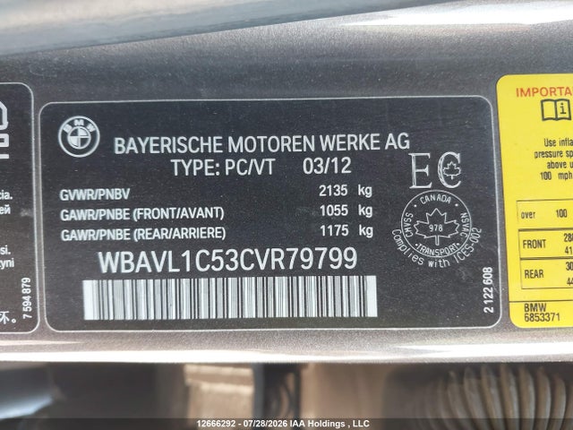 12666292 :رقم المزاد ، WBAVL1C53CVR79799 vin ، 2012 Bmw X1 Xdrive28i مزاد بيع