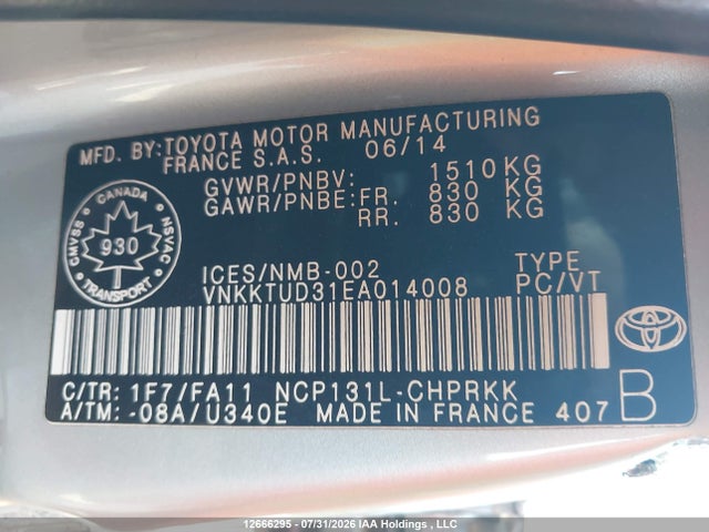 Продажа на аукционе авто 2014 Toyota Yaris, vin: VNKKTUD31EA014008, номер лота: 12666295