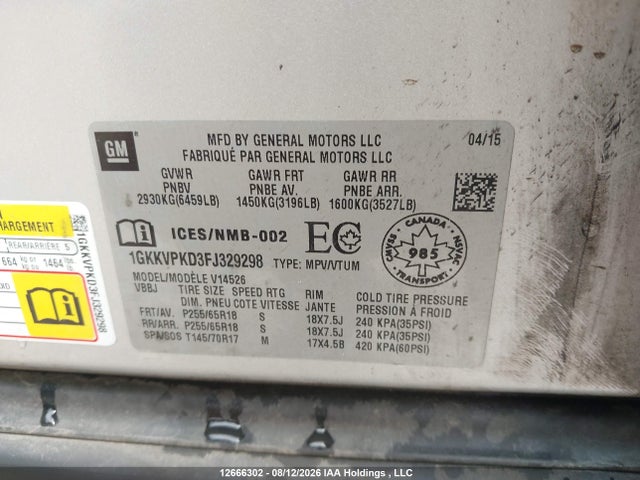 GMC ACADIA SLE 2015 1GKKVPKD3FJ329298 Image 9
