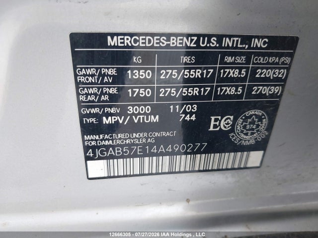 Продаж на аукціоні авто 2004 Mercedes-benz Ml 350 Classic 4matic/elegance 4matic, vin: 4JGAB57E14A490277, номер лоту: 12666305
