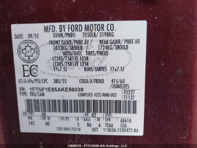 Aukcja sprzedaży 2010 Ford F150, vin: 1FTNF1E85AKE56039, numer aukcji: 12666315