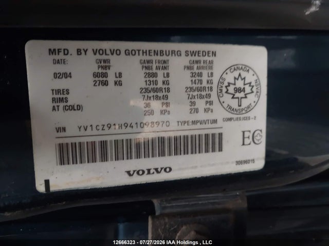 12666323 :رقم المزاد ، YV1CZ91H941098970 vin ، 2004 Volvo Xc90 T6 مزاد بيع