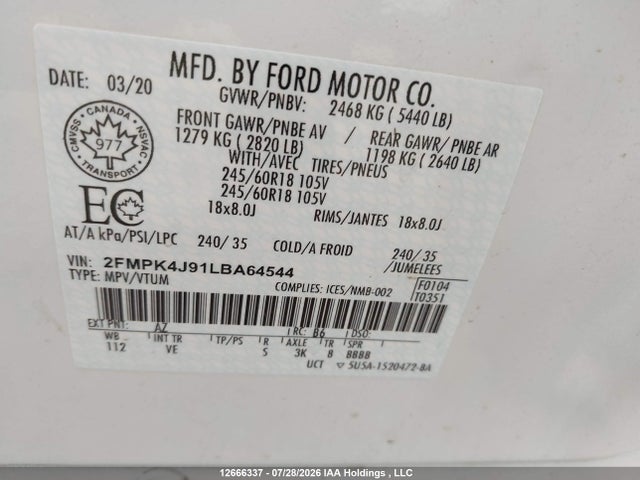 Продаж на аукціоні авто 2020 Ford Edge Sel, vin: 2FMPK4J91LBA64544, номер лоту: 12666337