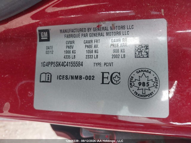12666339 :رقم المزاد ، 1G4PP5SK4C4155584 vin ، 2012 Buick Verano مزاد بيع