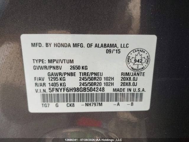 Honda Pilot Touring 2016 5FNYF6H98GB504248 Image 9
