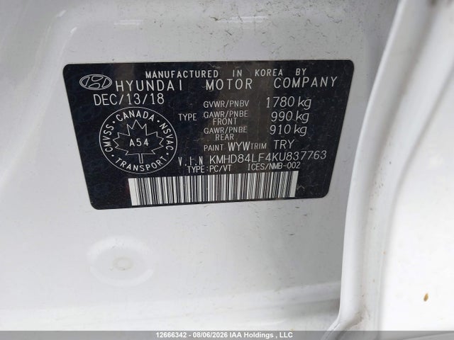 2019 Hyundai Elantra Preferred მანქანა იყიდება აუქციონზე, vin: KMHD84LF4KU837763, აუქციონის ნომერი: 12666342