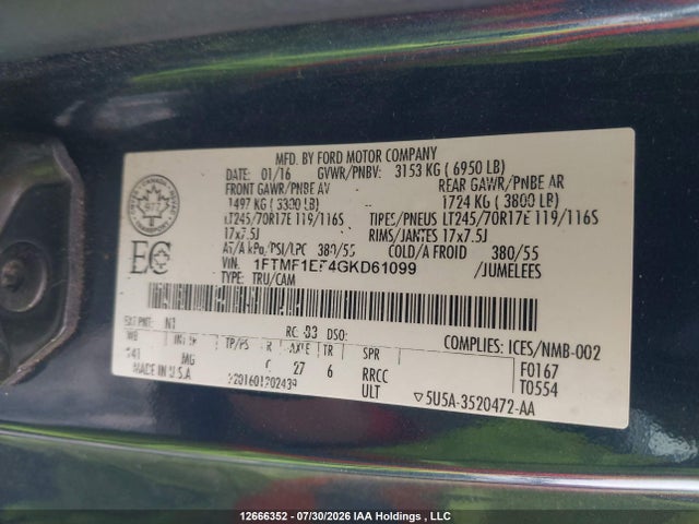 2016 Ford F-150 Xlt მანქანა იყიდება აუქციონზე, vin: 1FTMF1EF4GKD61099, აუქციონის ნომერი: 12666352