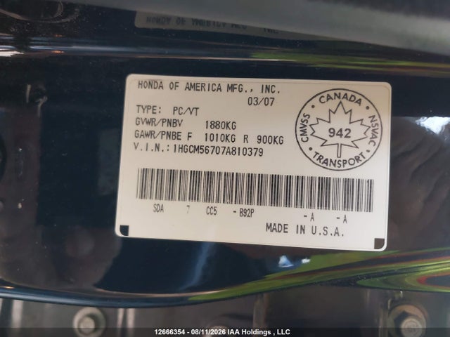 Продажа на аукционе авто 2007 Honda Accord Ex, vin: 1HGCM56707A810379, номер лота: 12666354