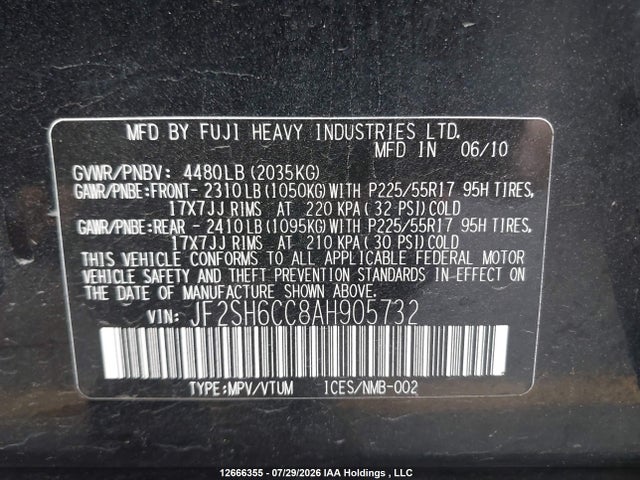 2010 Subaru Forester 2.5x Premium მანქანა იყიდება აუქციონზე, vin: JF2SH6CC8AH905732, აუქციონის ნომერი: 12666355