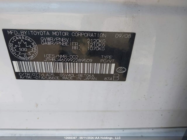 Продажа на аукционе авто 2009 Lexus Es350, vin: JTHBJ46G992289509, номер лота: 12666367
