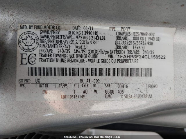 2012 Ford Focus Se მანქანა იყიდება აუქციონზე, vin: 1FAHP3F24CL158522, აუქციონის ნომერი: 12666368