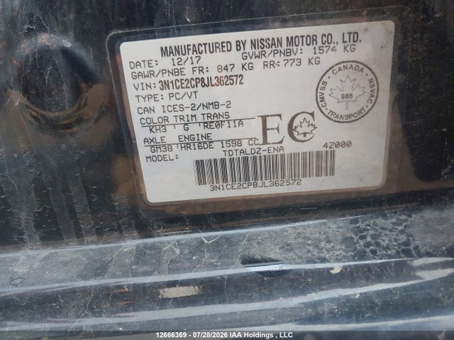 12666369 :رقم المزاد ، 3N1CE2CP8JL362572 vin ، 2018 Nissan Versa Note 1.6 S/1.6 Sr/1.6 Sv مزاد بيع
