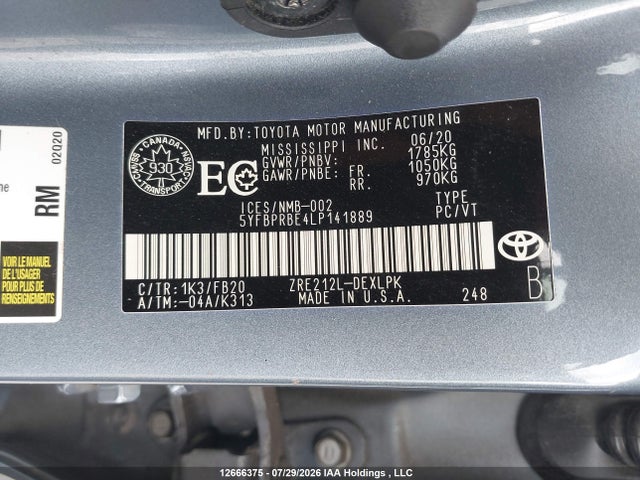 Auction sale of the 2020 Toyota Corolla Le, vin: 5YFBPRBE4LP141889, lot number: 12666375